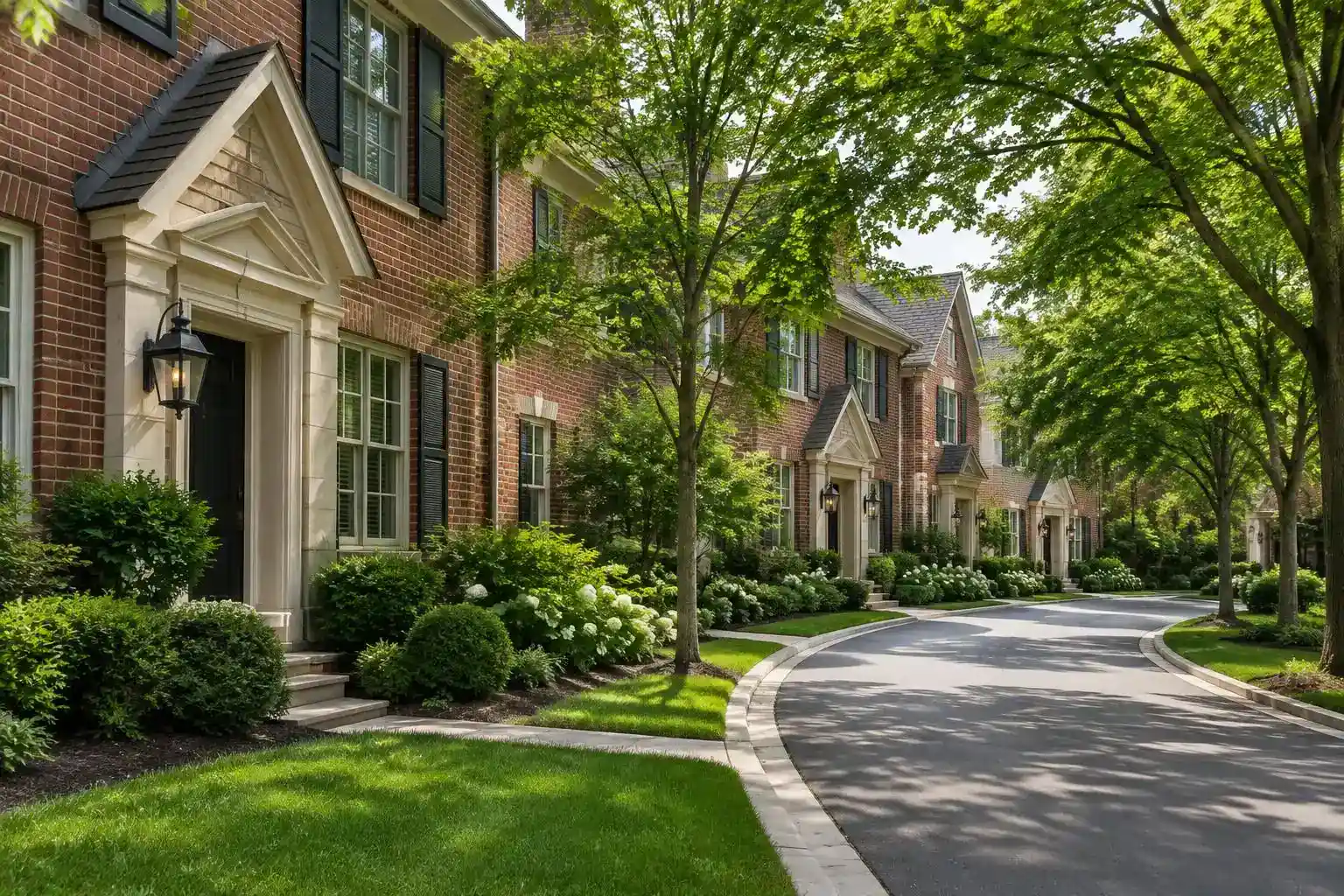 Row of brick townhomes with gabled entries in Lake Forest, IL