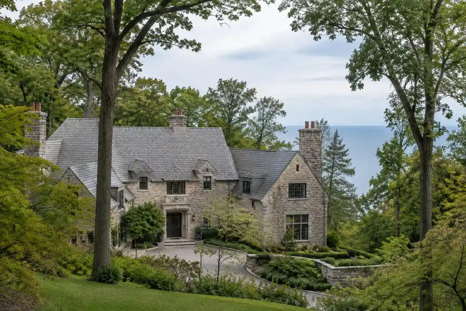 Estate home on a bluff above Lake Michigan in Villa Turicum, Lake Forest, IL