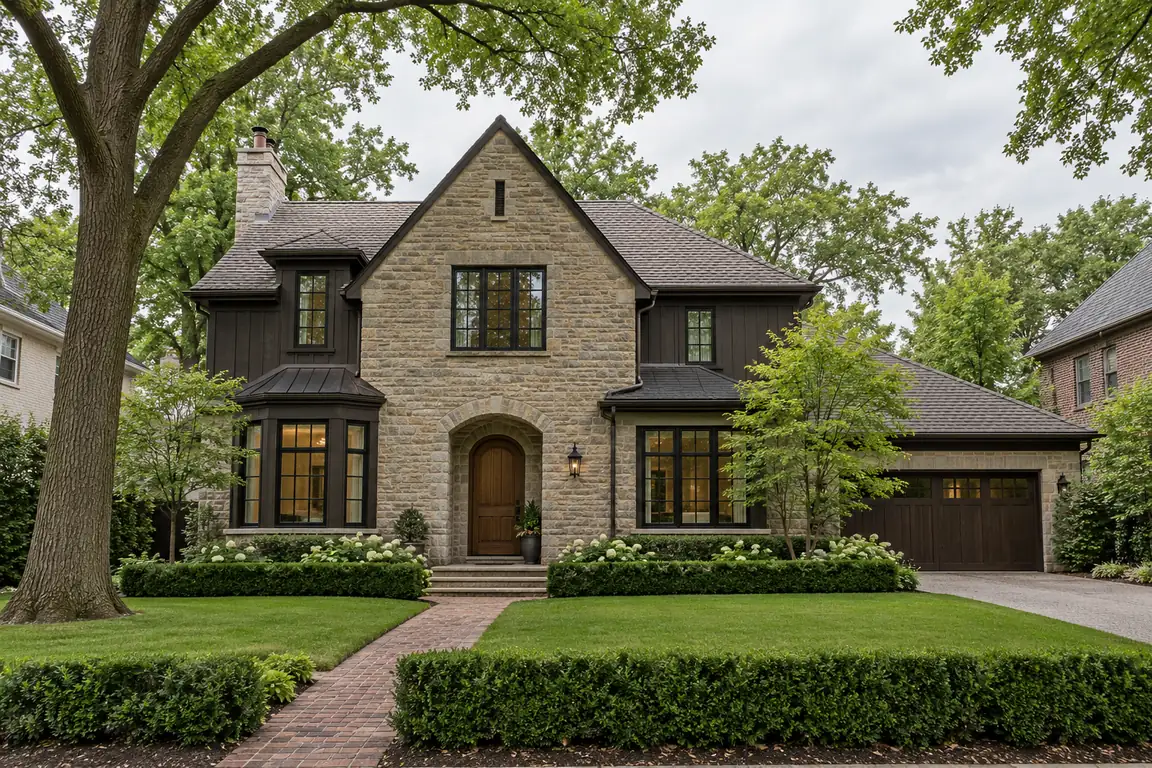 Stone home with dark siding and an attached garage in West Lake Forest, IL